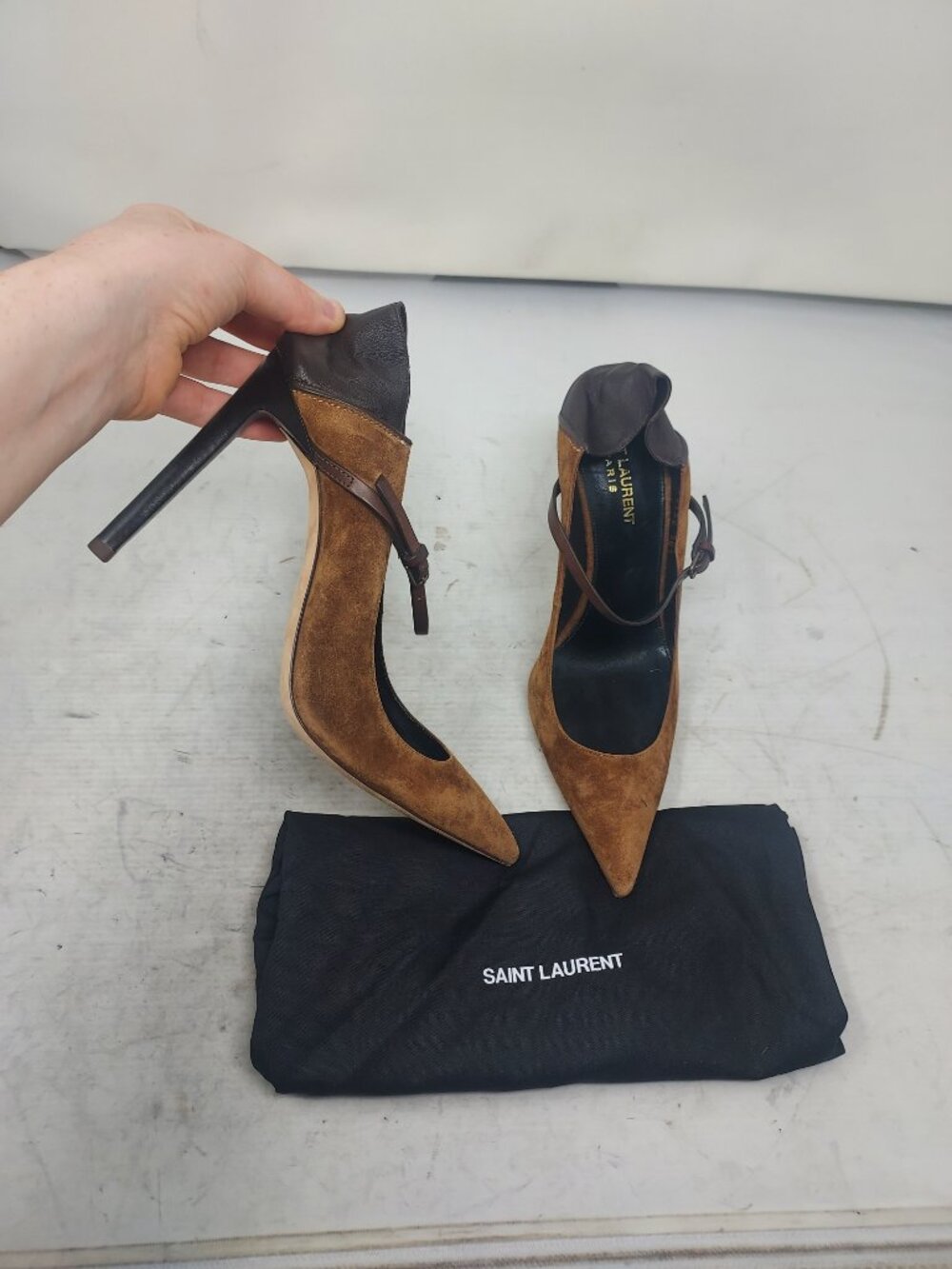 SAINT LAURENT Brown Marjorelle Suede Convertible Pump
